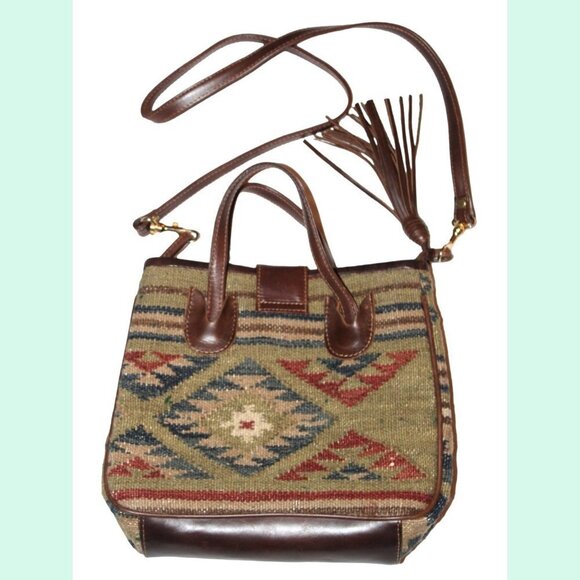 Handbags - Woven Tapestry wool & leather shoulder bag Aztec print Southwest Crossbody purse